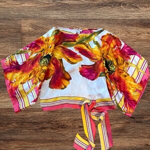 Vtg Cache 100% Silk Blouse Womens XS Colorful Florals One Shoulder Kimono Sleeve
